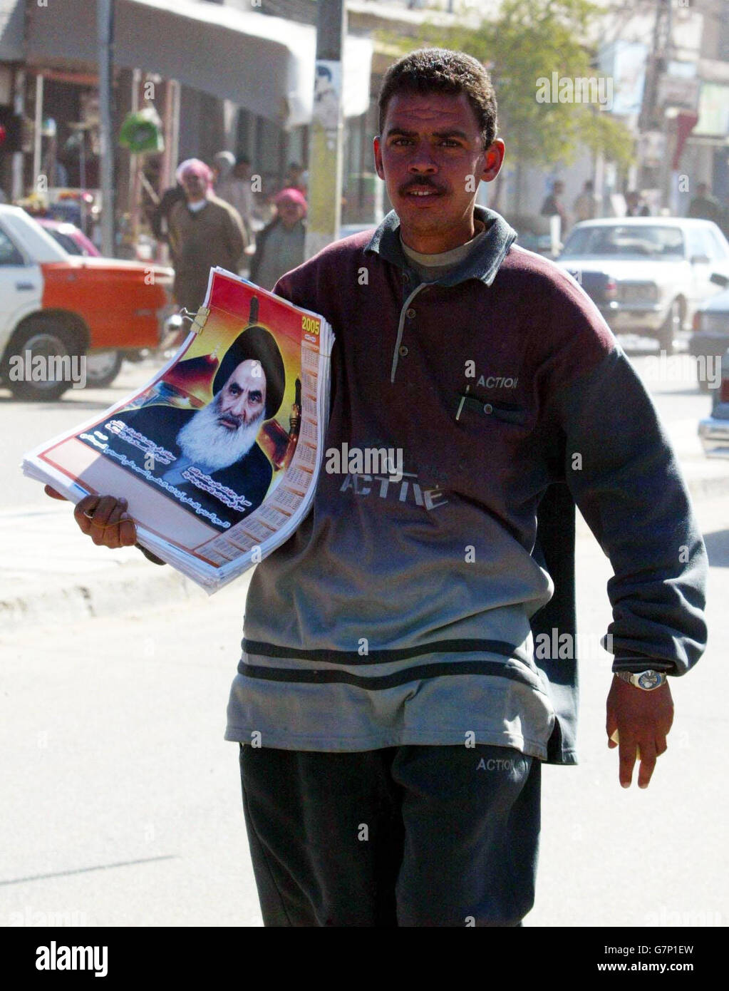 An Iraqi man campaigning on the streets of Az-Zubayr. Stock Photo