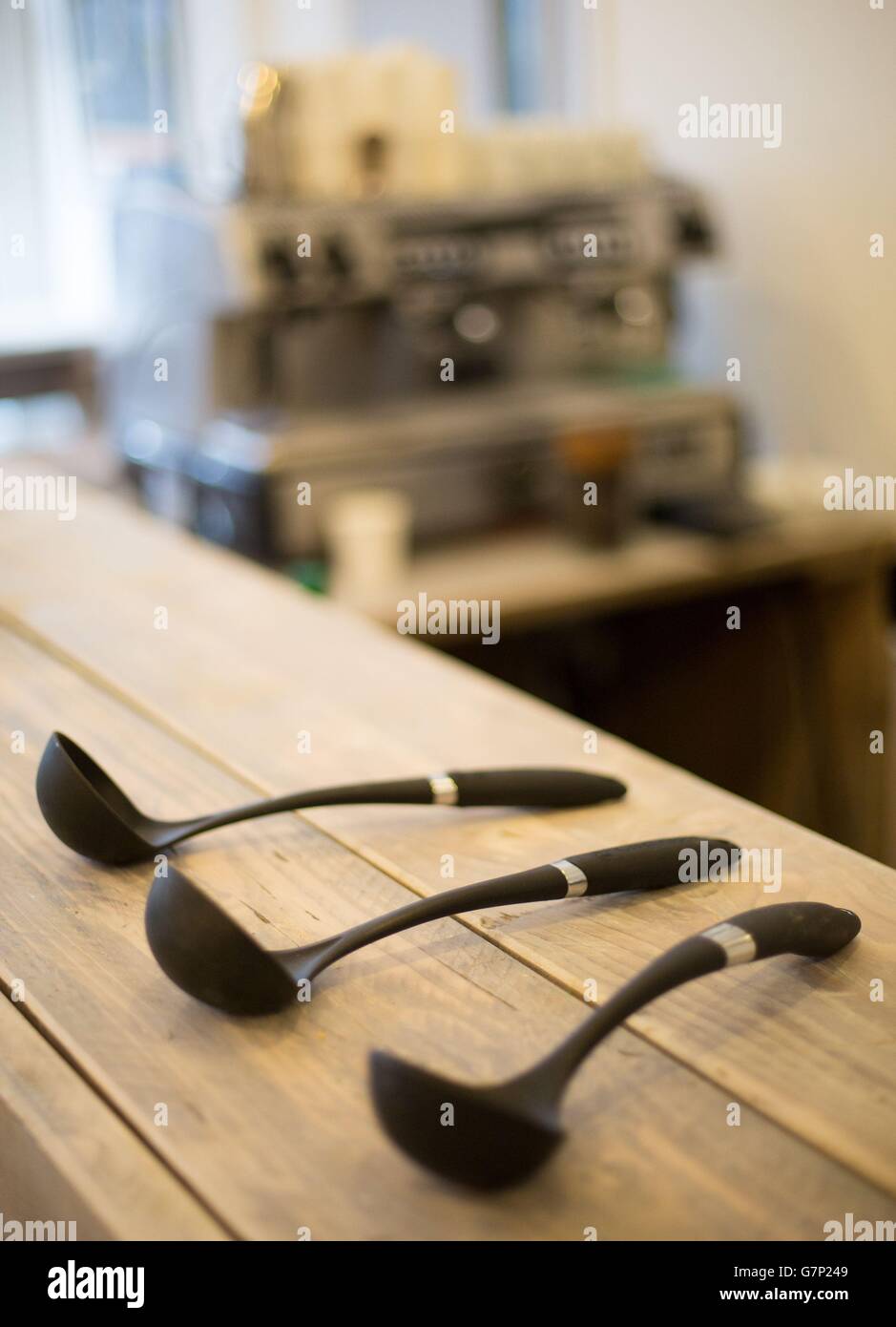 Spoons on top of the new counter at the Porridge Cafe in Shoreditch