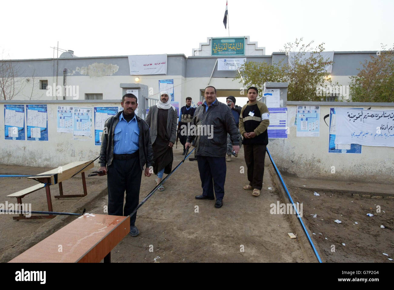 The polling station guarded by the Iraq Police Services. Stock Photo