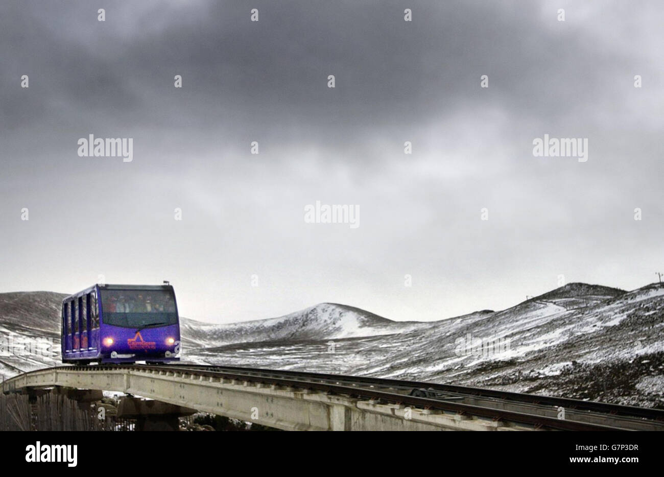 The funicular railway runs for two kilometres through the Cairngorm ski area. Stock Photo