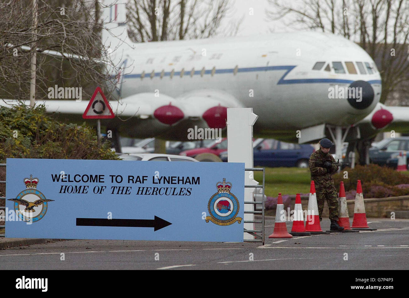 A guard on duty at the main gate of RAF Lyneham, following the death of