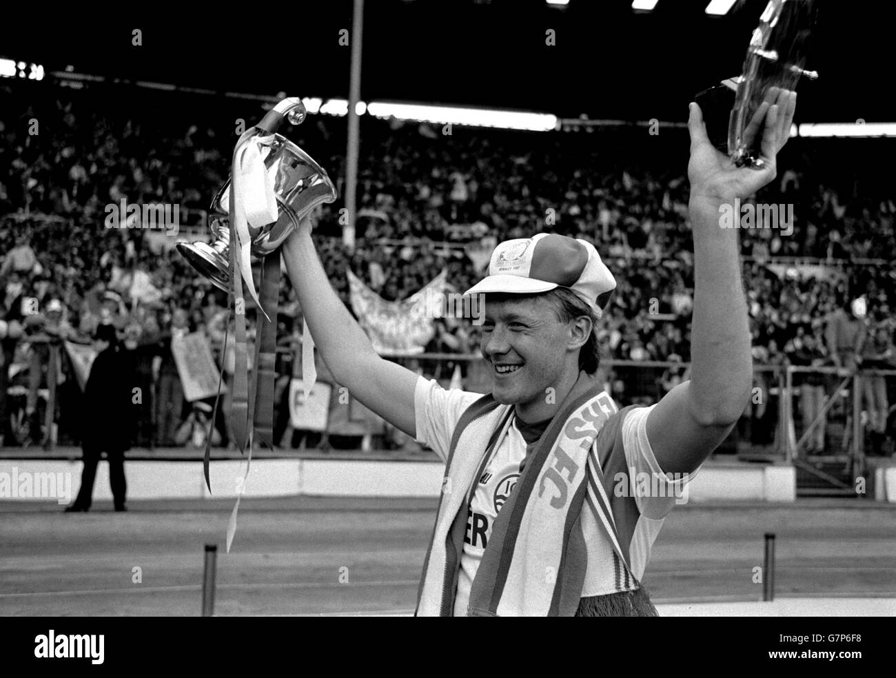 Blackburn Rovers Simon Barker holds the trophy and a silver salver award. Stock Photo