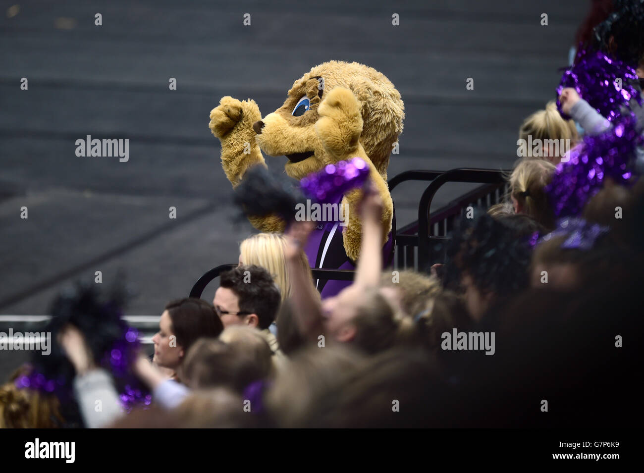 Netball - Superleague - Surrey Storm v Hertfordshire Mavericks - Copper Box. Hertfordshire Mavericks mascot cheers on their side from the stands Stock Photo
