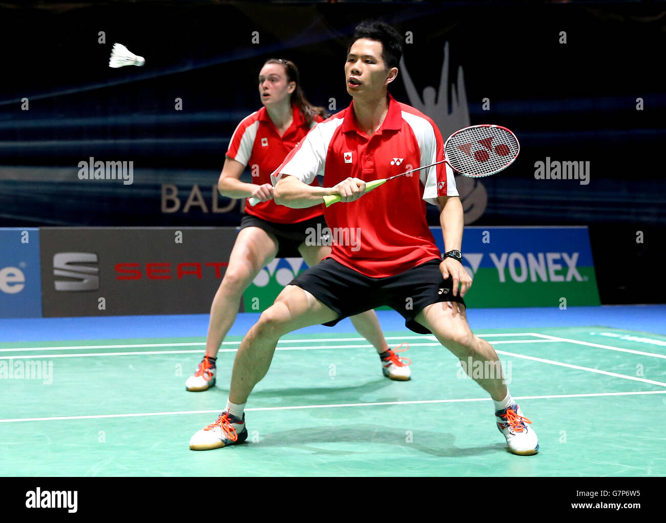 Badminton - 2015 Yonex All England Badminton Championships - Day One - National Indoor Arena. Alex Bruce (left) and Toby Ng, Canada Stock Photo