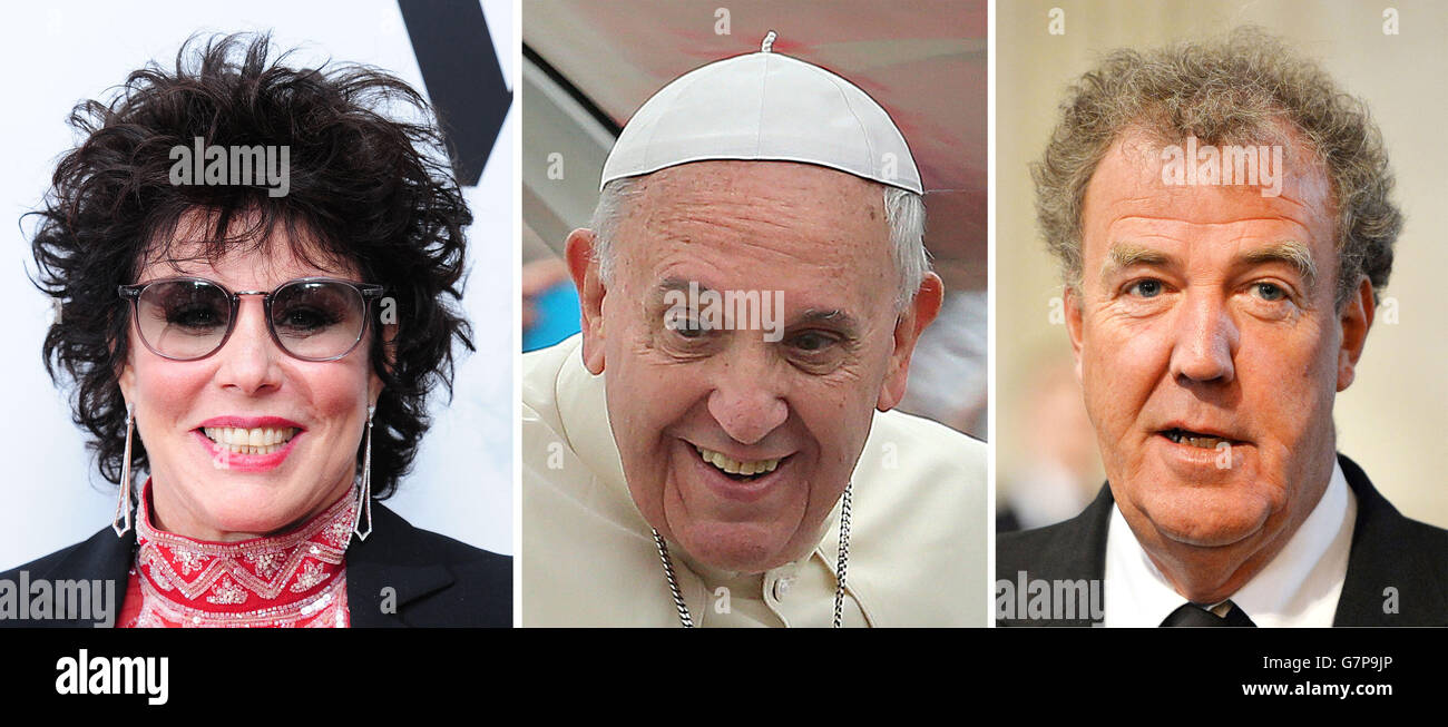 File photos of (from the left) Ruby Wax, the Pope and Jeremy Clarkson. Stock Photo