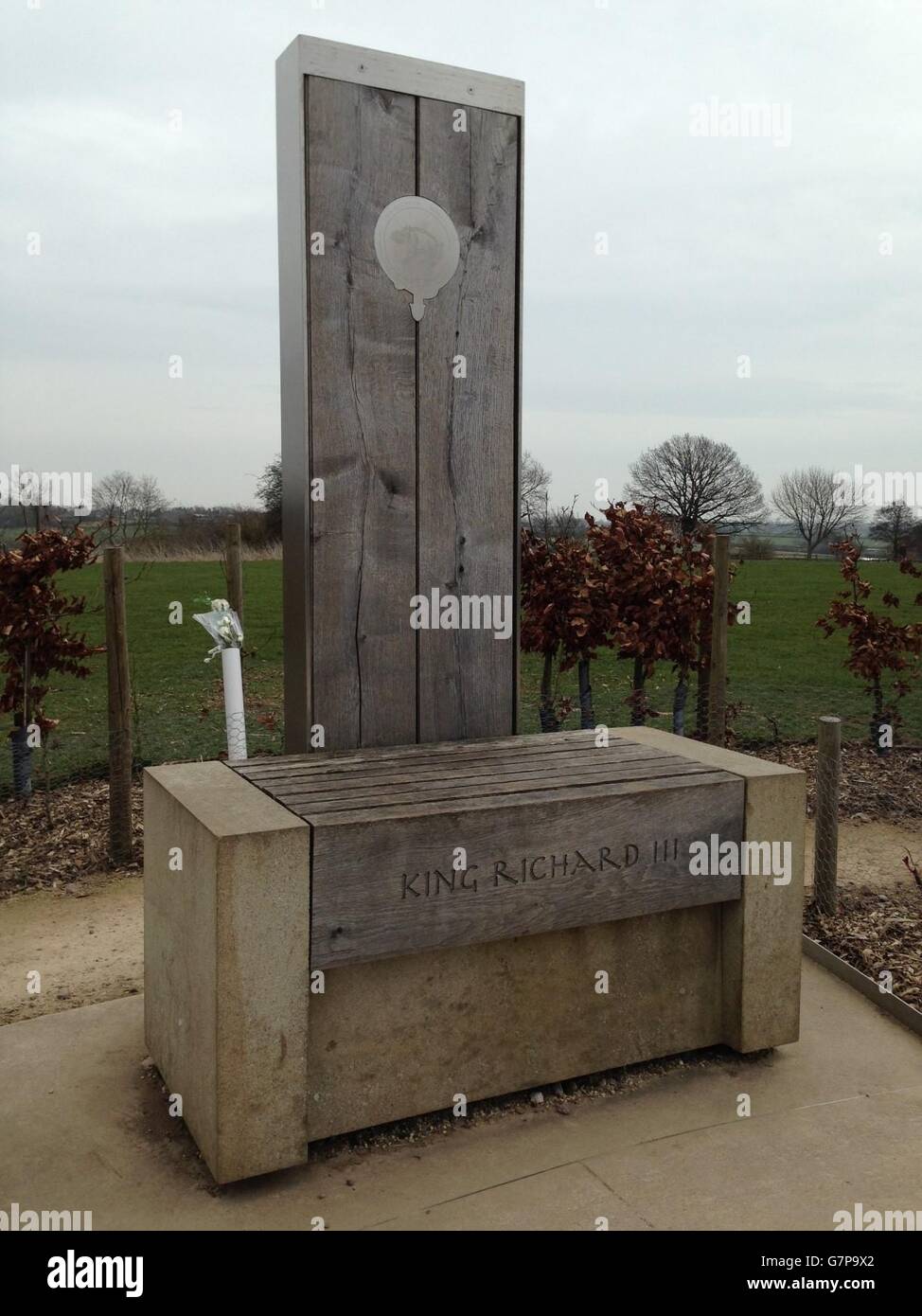 The 'throne' of King Richard III at the memorial sundial atop Ambion Hill, near Bosworth Battlefield in Leicestershire, as final preparations are under way for the reburial of Richard III more than 500 years after his death in battle. Stock Photo