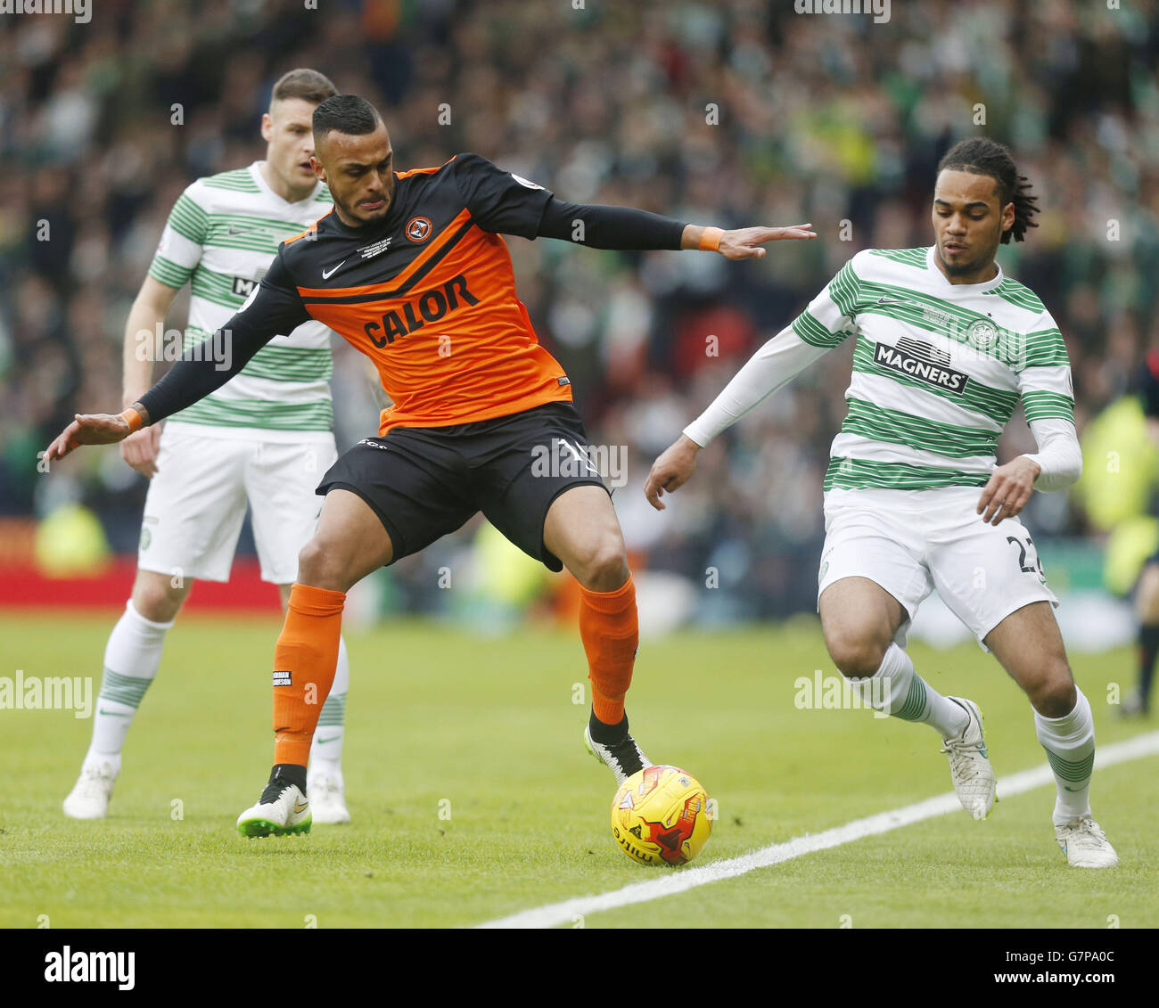 Dundee United's Mario Bilate and Celtic's Jason Denayer battle for the ball during the QTS Scottish League Cup Final at Hampden Park, Glasgow. Stock Photo