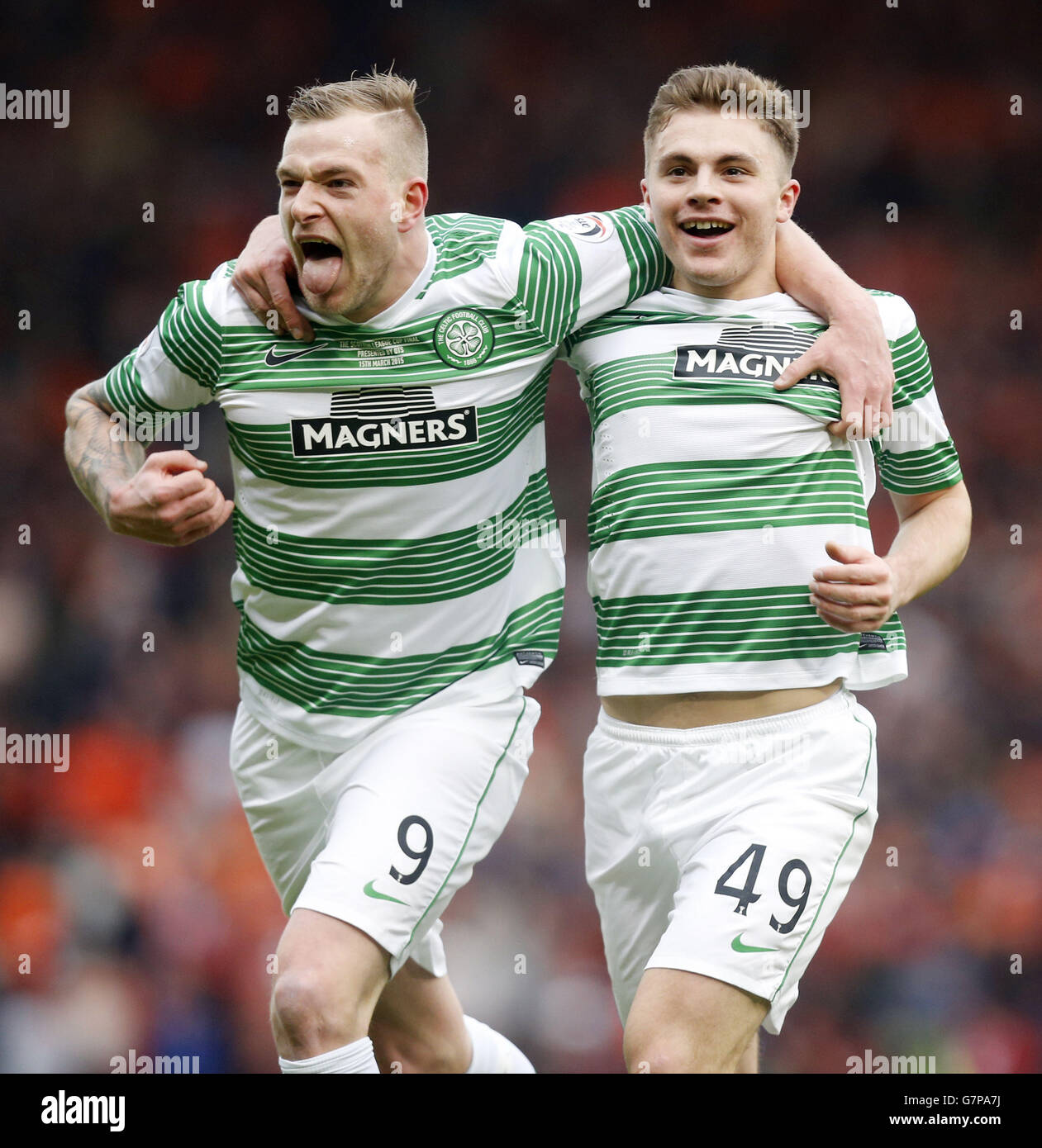 Celtic's James Forrest celebrates his goal with team mate John Guidetti during the QTS Scottish League Cup Final at Hampden Park, Glasgow. Stock Photo