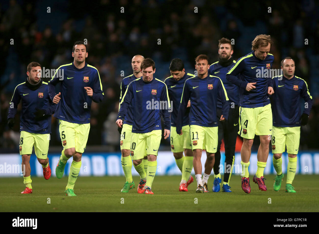 Soccer - UEFA Champions League - Round of 16 - First Leg - Manchester City v Barcelona - Etihad Stadium. Barcelona players during warmup Stock Photo