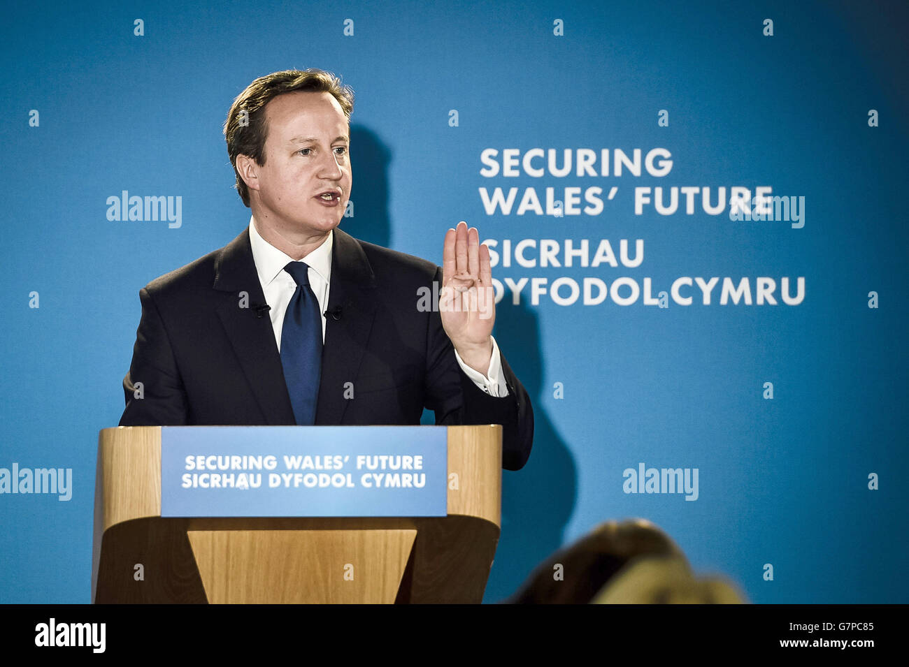 Prime Minister David Cameron speaks to Welsh Tory Party supporters in the SWALEC Stadium, Wales. Stock Photo