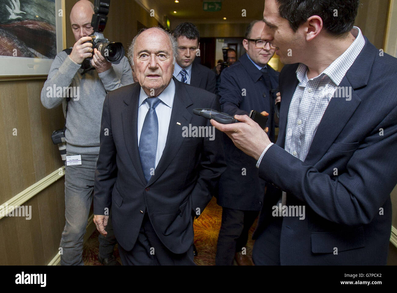 FIFA President Sepp Blatter leaves The International Football Association Board AGM at the Culloden Hotel, Belfast. Stock Photo