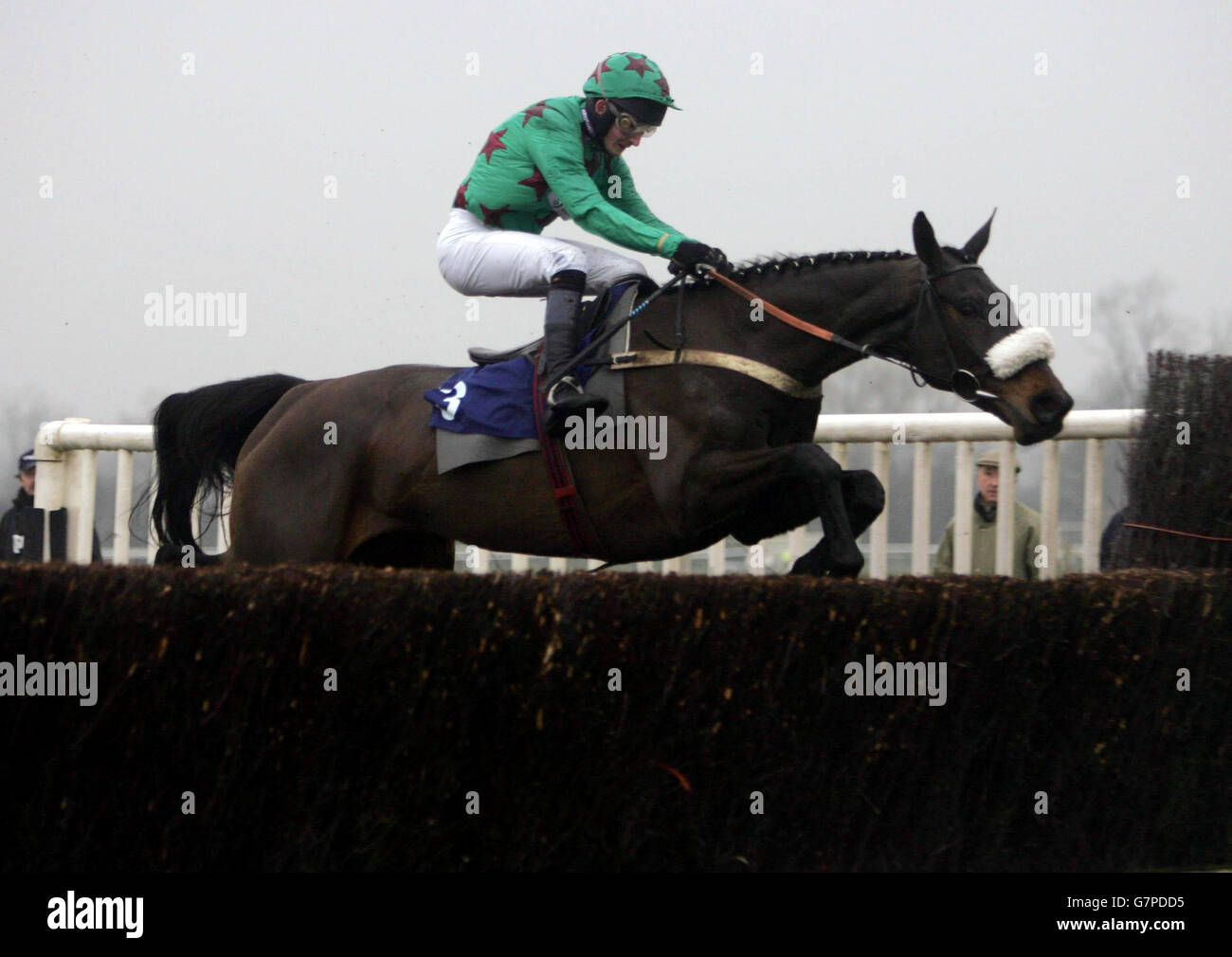 Monty's Double ridden by Owyn Nelmes jumps the last to go on and win the Gog Brook Handicap Chase. Stock Photo