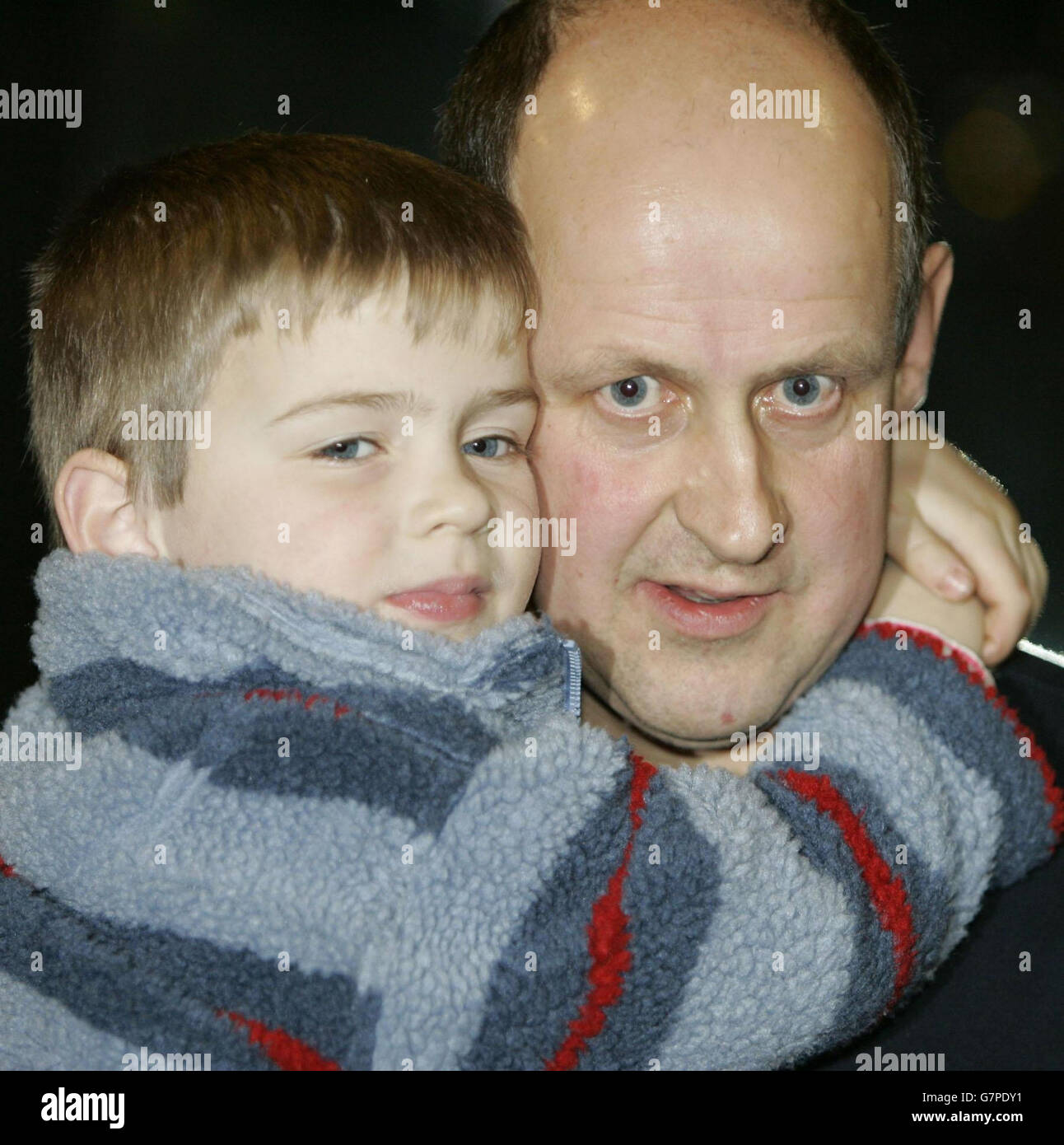 Hugh and Mathew Clay, aged 5, after being stuck in the lift. It is believed one of the lift cables snapped, triggering the emergency brake system. Fire crews have now rescued four children, five adults and one member of staff from the lift, using a hydraulic platform. Stock Photo