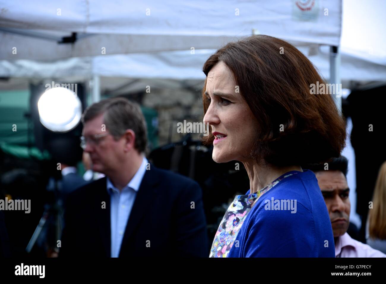 The Minister for Northern Ireland, Theresa Villiers gives her response to the EU Referendum result. Stock Photo