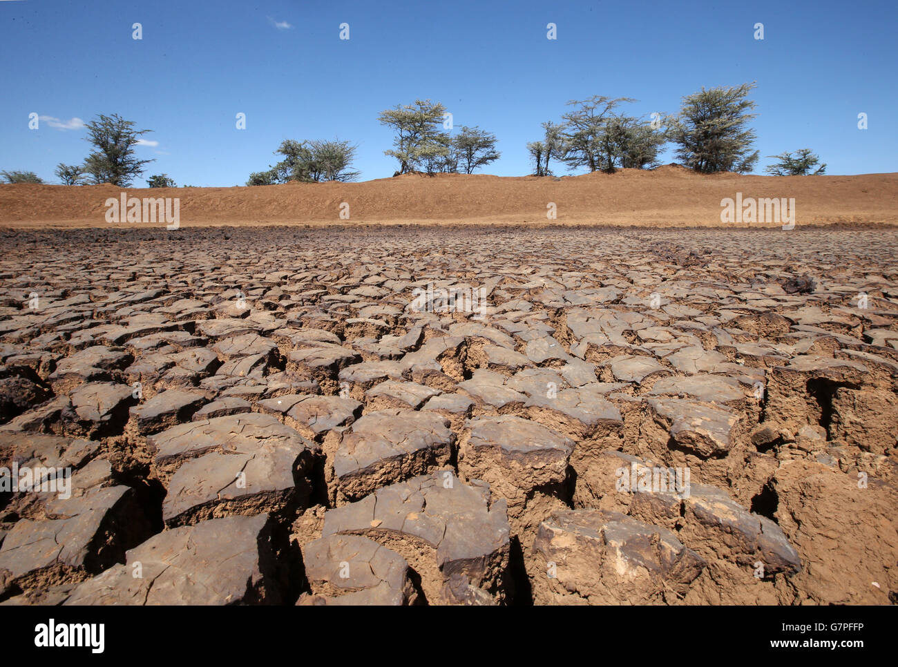 Dried land at Laikipa County as Kenyans go about their daily life near the town of Nanukye. Stock Photo