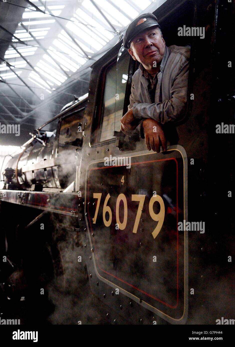 STANDALONE Photo. Trainee driver John Ellis onboard the BR Standard Class 76079 at Pickering Station on the North Yorkshire Moors Railway, as part of events marking the 50th Anniversary of the closure of the line following the Beeching report. Stock Photo