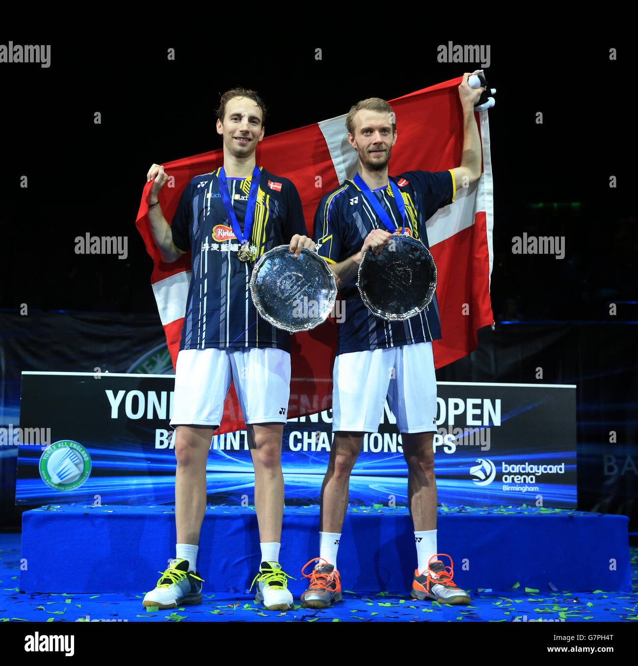 Denmark's Mathias Boe (left) and Casten Mogensen (right) celebrates after winning the Mens Doubles beating China's Fu Haifeng and Zhang Nan during The Yonex All England Open 2015 Stock Photo