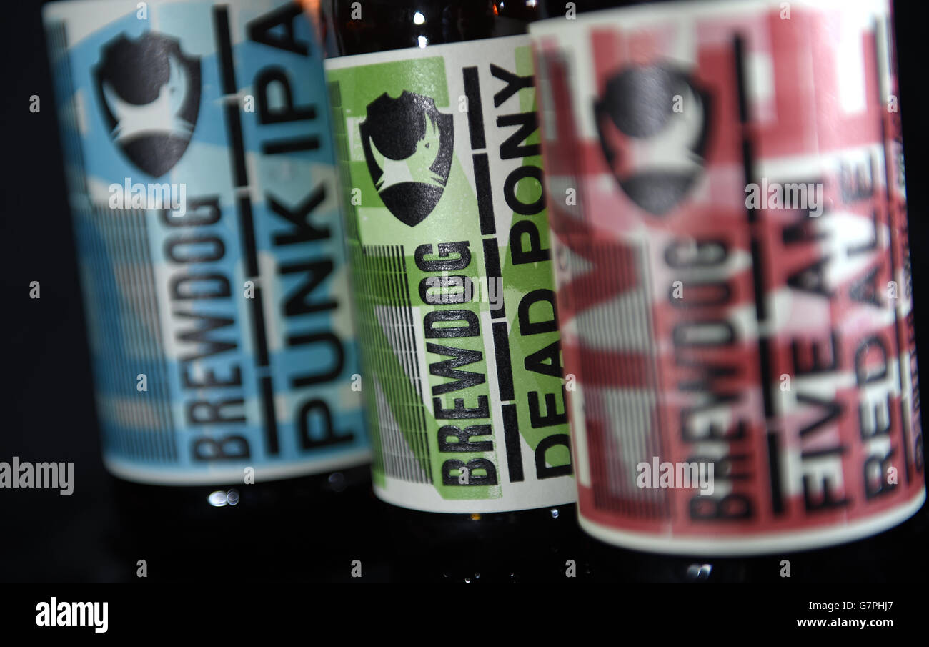 The labels on the bottles of Brewdog's Punk IPA, Dead Pony Pale Ale and Five AM Red Ale, as the craft beer company is to expand with the creation of 130 jobs. Stock Photo