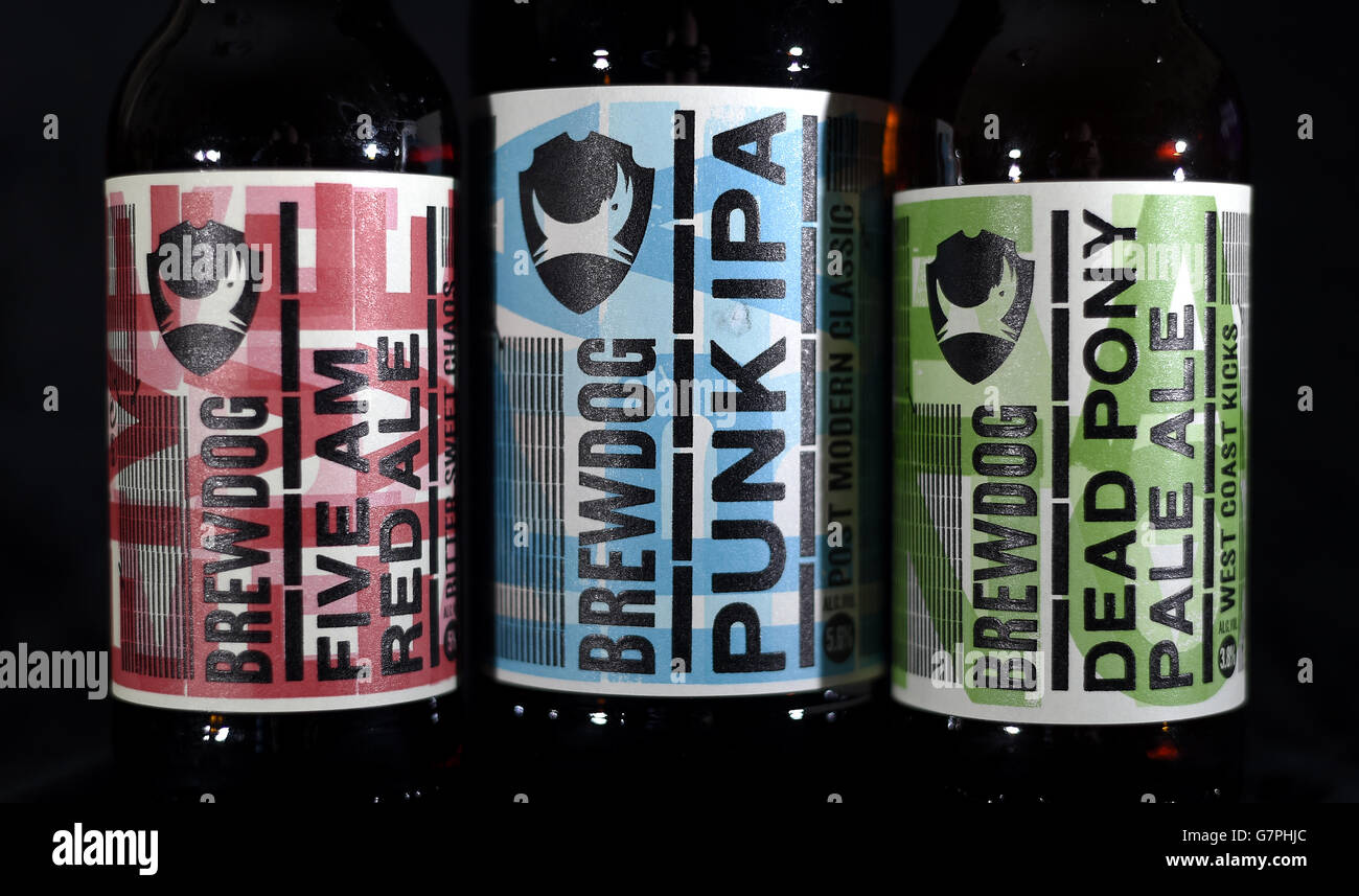 The labels on the bottles of Brewdog's Five AM Red Ale, Punk IPA and Dead Pony Pale Ale, as the craft beer company is to expand with the creation of 130 jobs. Stock Photo
