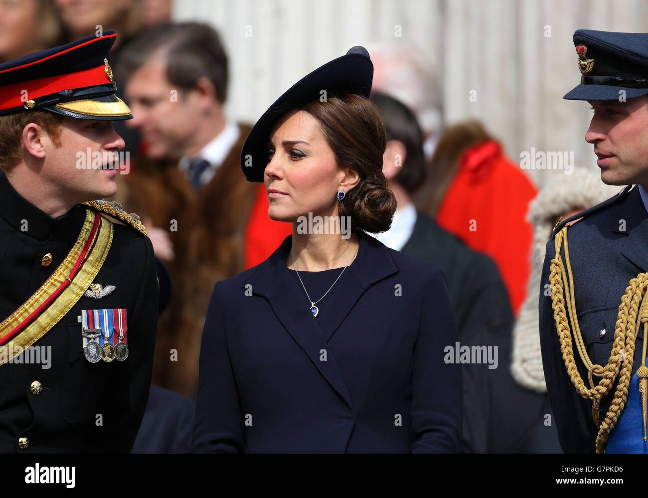 Prince Harry and the Duke and Duchess of Cambridge watch the military parades following a commemoration service to mark the end of combat operations in Afghanistan at St Paul's Cathedral, London. Stock Photo