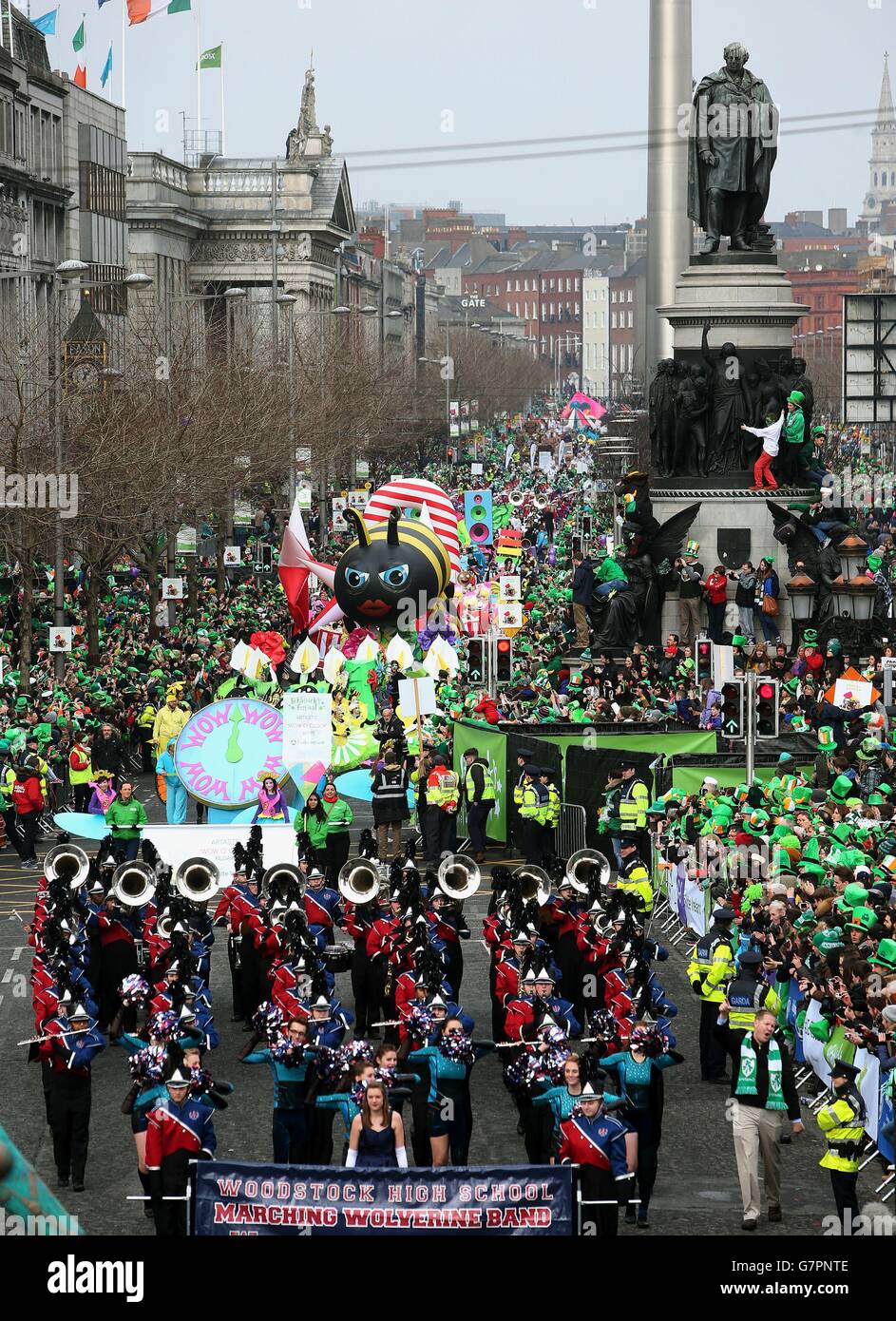 The Dublin St Patrick's day parade, makes its way down O'Connell Street towards St Patrick's Cathedral. Stock Photo