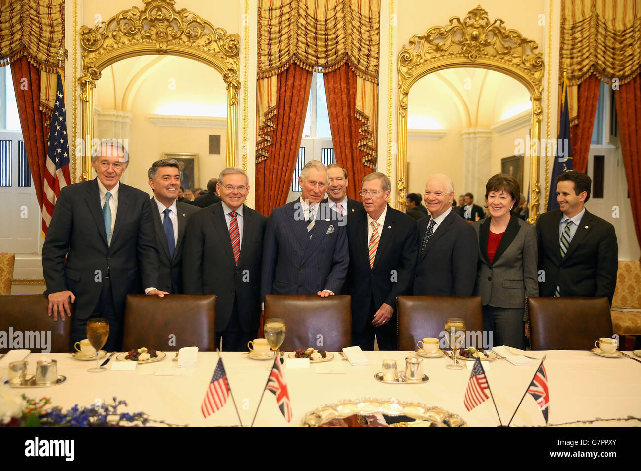 The Prince of Wales Senators (left to right) Ed Markey, Cory Gardner, Bob Menendez, Tom Udall, John Isakson, Ben Cordin, Susan Collins and Brian Schatz in the Capitol Building as part of his trip to Washington DC, USA. Stock Photo
