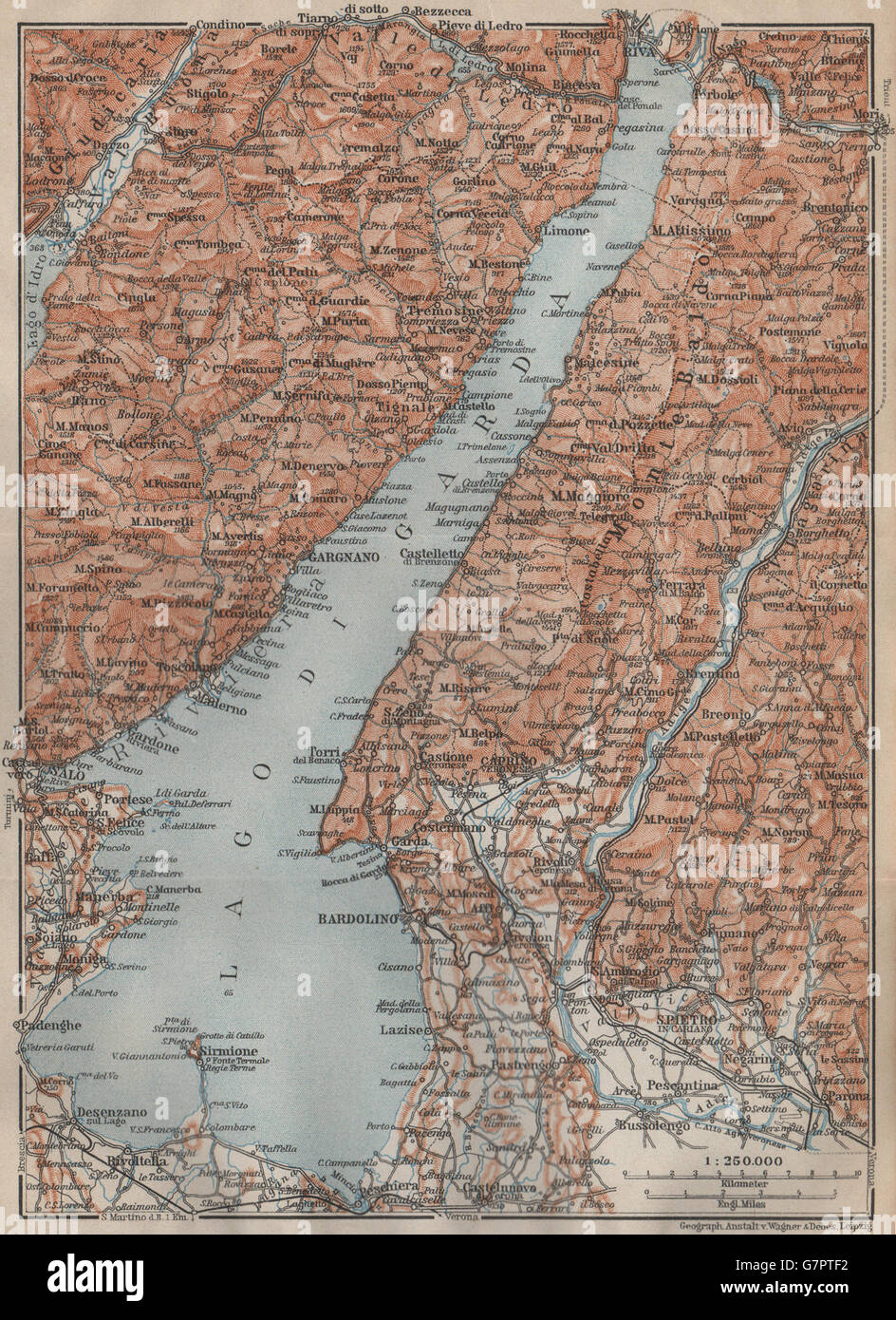 LAGO DI/LAKE GUARDA. Riva Salo Gargnano Bardolino. Topo-map. Italy, 1911 Stock Photo