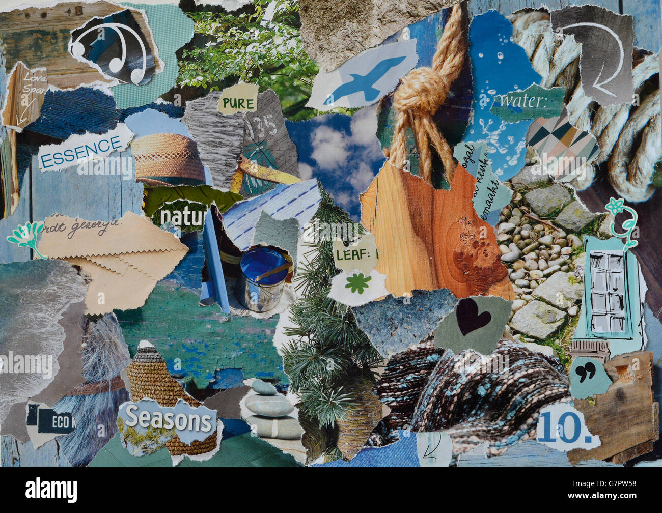 Creative Atmosphere art mood board collage sheet in colorful nature made of teared magazines and