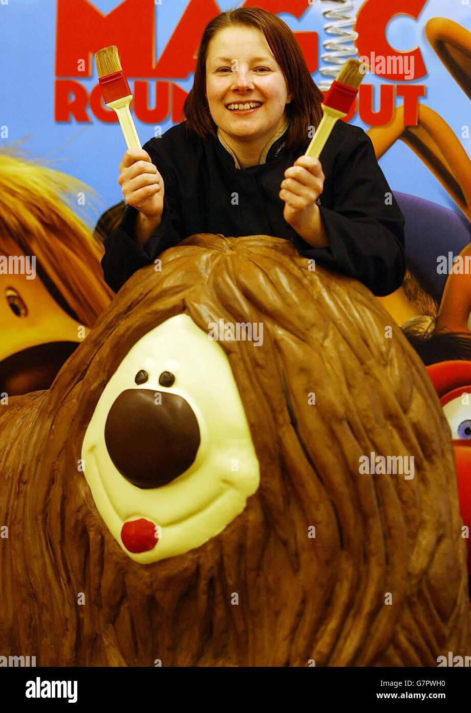 Vikki Geall of Thornton's puts the final touches to chocolate Dougal in time for Sunday's Magic Roundabout film premiere.To celebrate the first screening of the film, Thorntons created a 100kg tribute to the larger than life dog, standing at three foot high and four foot long. NOTE FOR PICTURE EDITORS, PIC TAKEN Thursday January 27 2005 Stock Photo