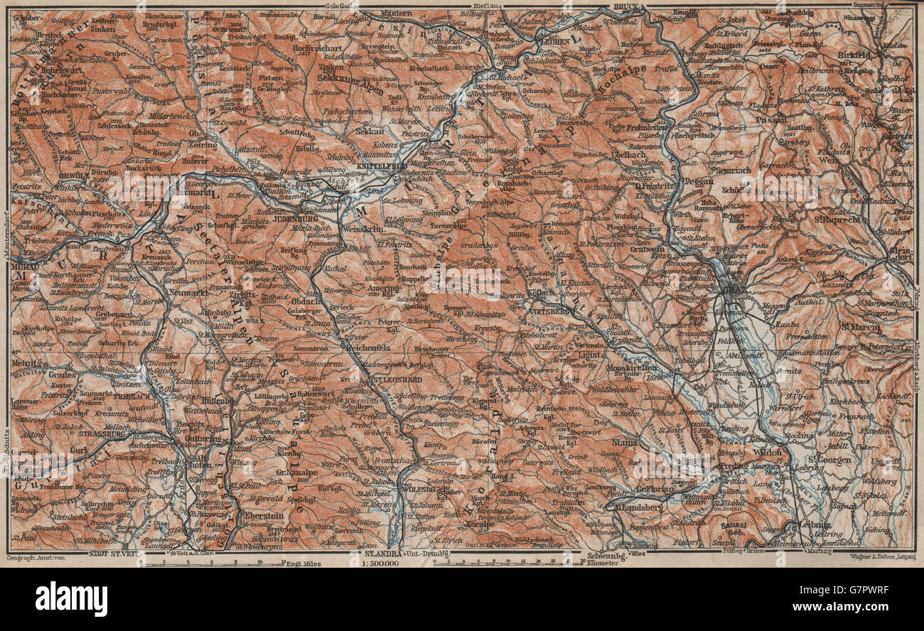 STYRIAN & CARINTHIAN ALPS. Murau Graz Murtal Leoben Wolfsburg. Austria, 1911 map Stock Photo