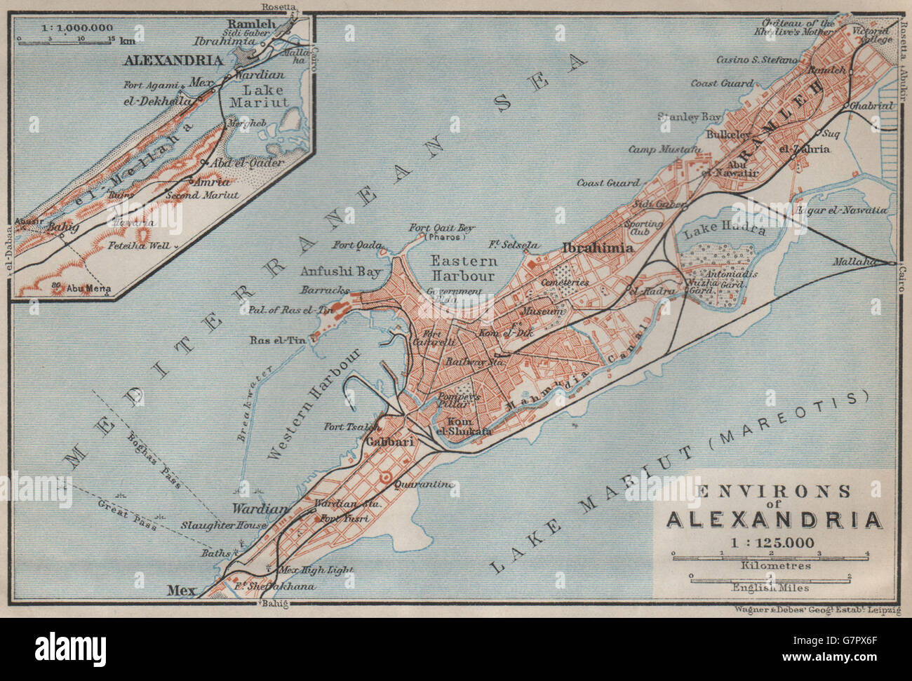 ALEXANDRIA antique town city plan & environs. Al Max El Raml. Egypt, 1914 map Stock Photo