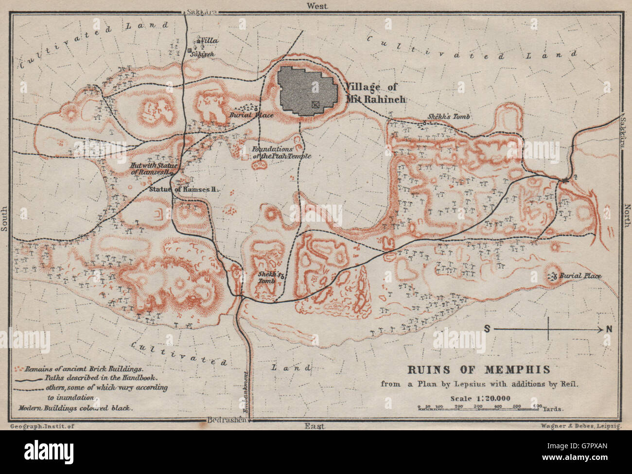 Ruins Of Memphis Ground Plan Mit Rahina Egypt Baedeker 1914 Antique G7PXAN 
