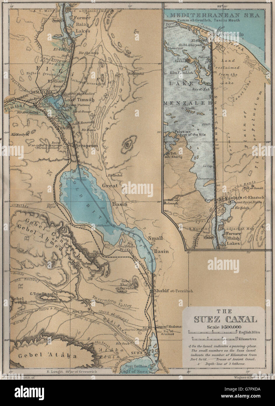 THE SUEZ CANAL. Port said. Topo-map. Egypt. BAEDEKER, 1914 Stock Photo