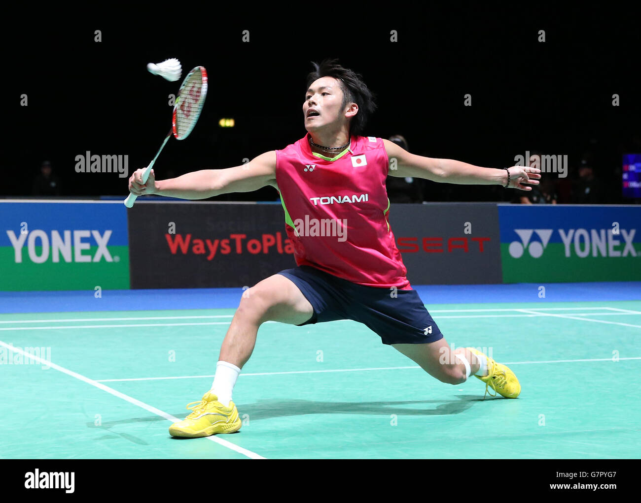 Badminton - 2015 Yonex All England Badminton Championships - Day One - National Indoor Arena. Japan's Takeshi Kamura during his first round doubles match with partner Keigo Sonoda Stock Photo