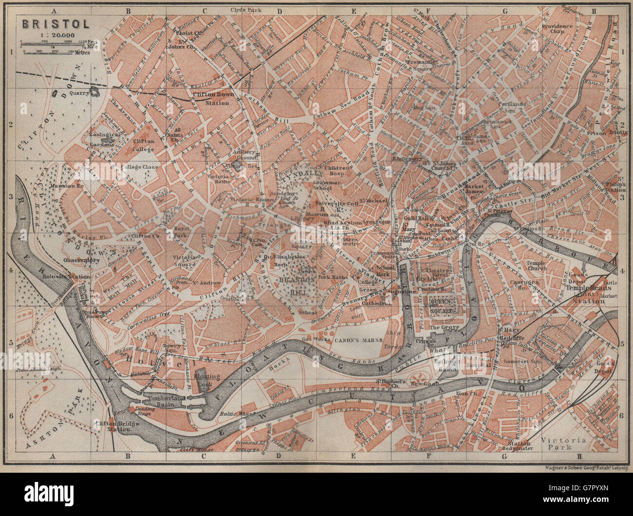BRISTOL town city plan. Clifton Redcliffe Hotwells Brandon Broadmead, 1910 map Stock Photo