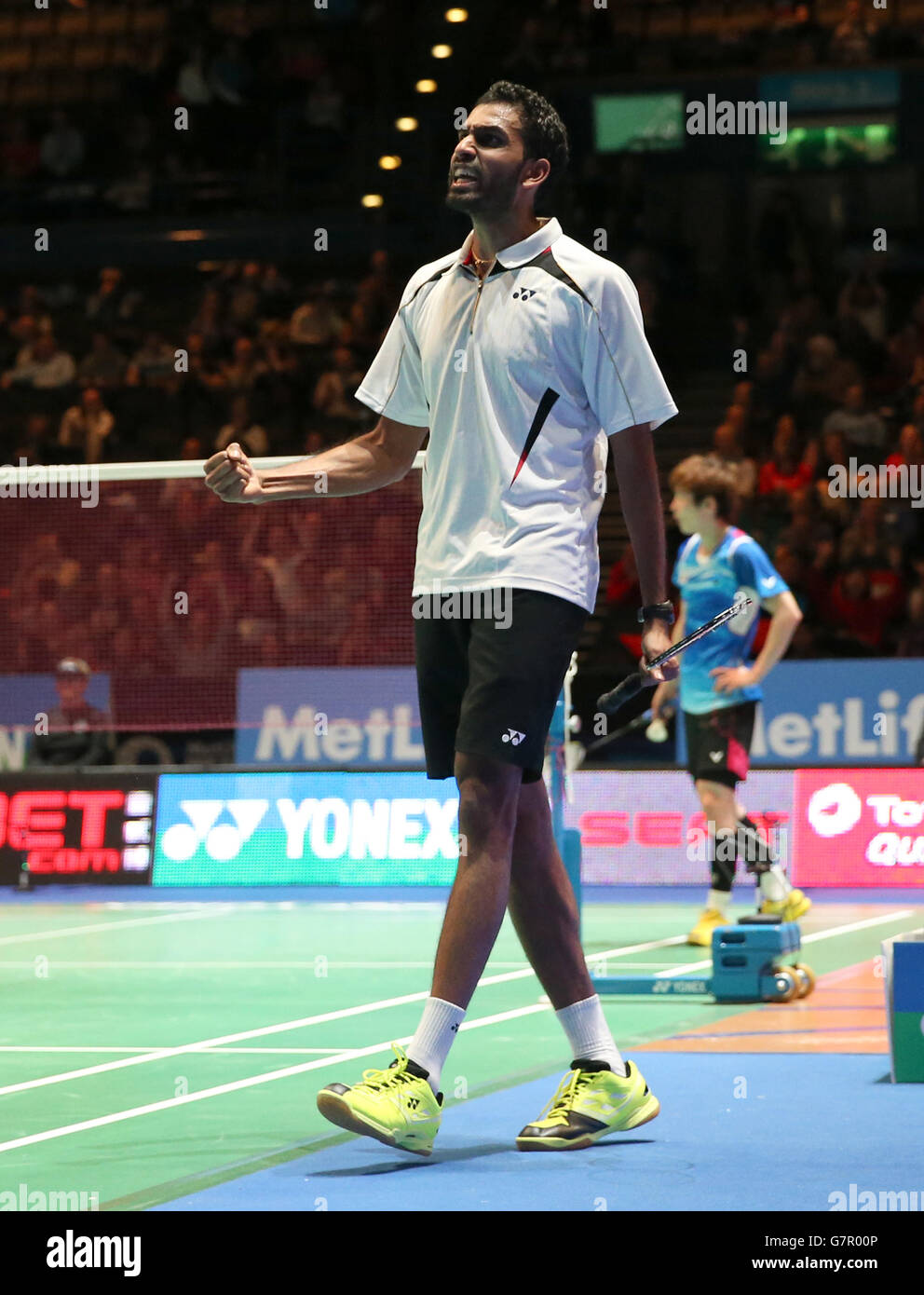 Badminton - 2015 Yonex All England Badminton Championships - Day One - National Indoor Arena. England's Rajiv Ouseph celebrates winning his first round singles match Stock Photo