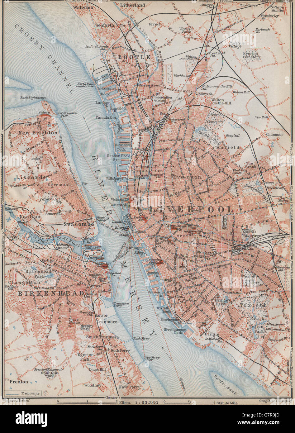 MERSEYSIDE. LIVERPOOL & BIRKENHEAD town city plan. Bootle Everton, 1910 map Stock Photo