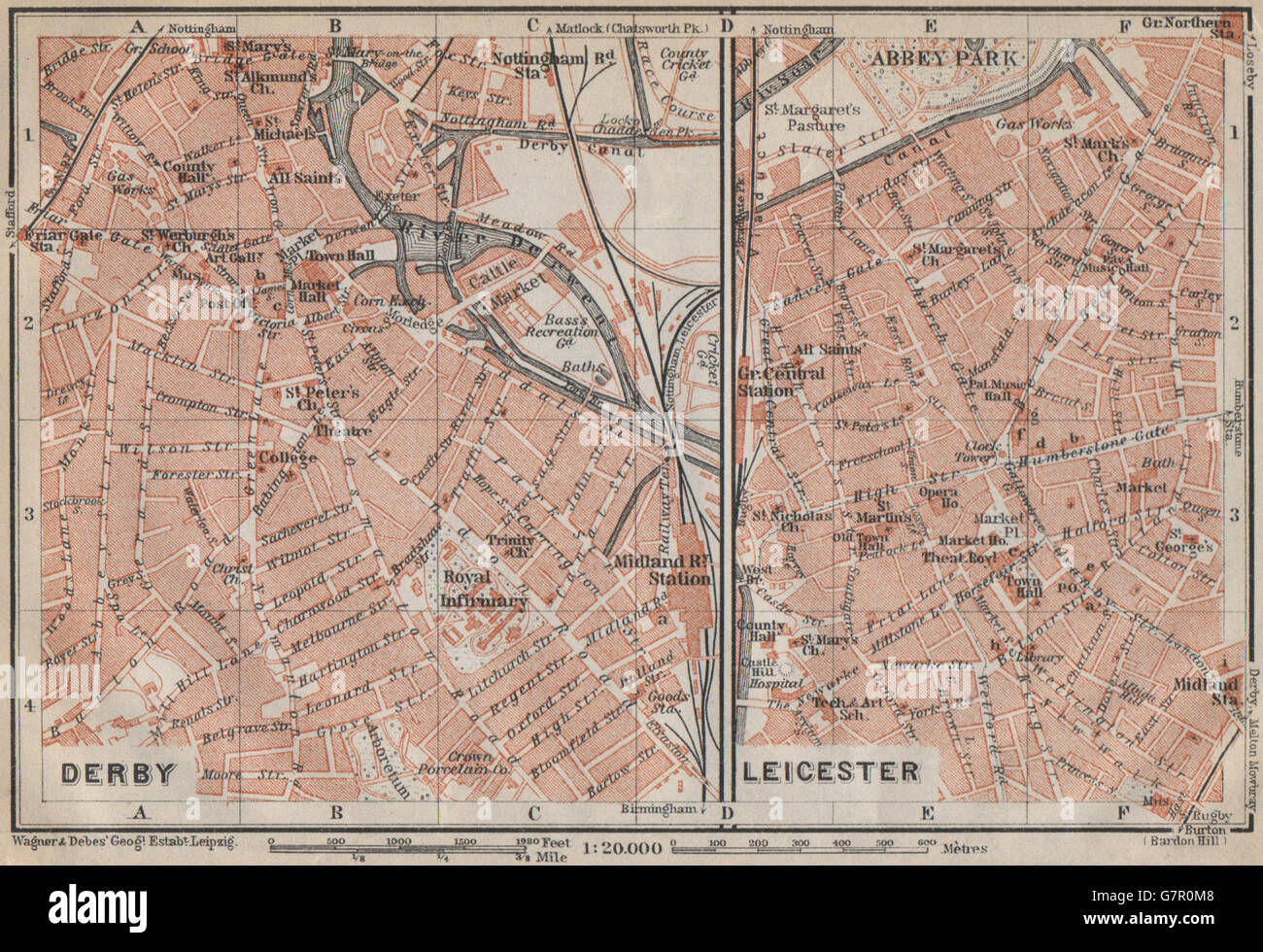 DERBY & LEICESTER antique town city plans. Midlands. BAEDEKER, 1910 old map Stock Photo