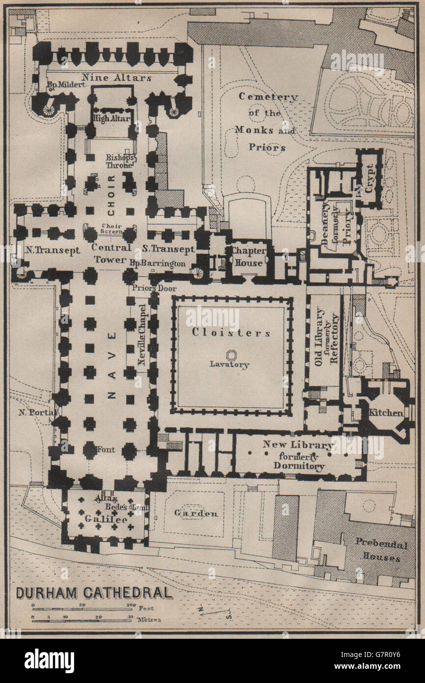 DURHAM CATHEDRAL floor plan. Durham. BAEDEKER, 1910 antique map Stock Photo