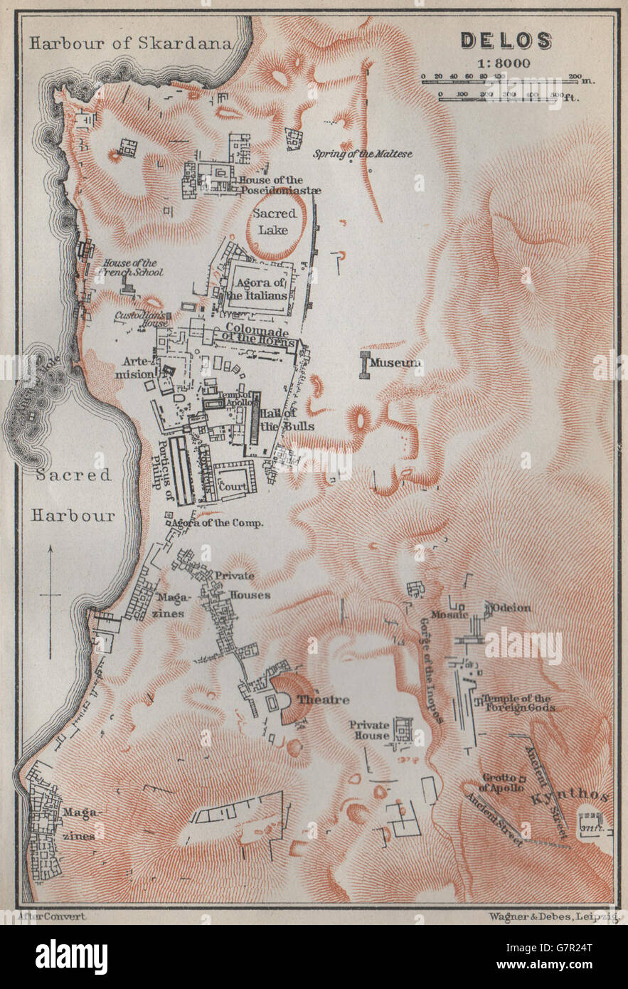 DELOS ground plan. Theatre Agora of the Italians Temples &c. Greece, 1909 map Stock Photo