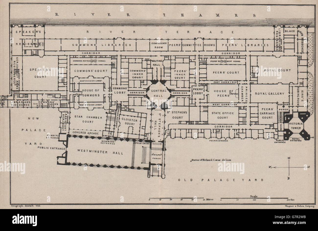 HOUSES OF PARLIAMENT floor plan. Palace of Westminster. London, 1905