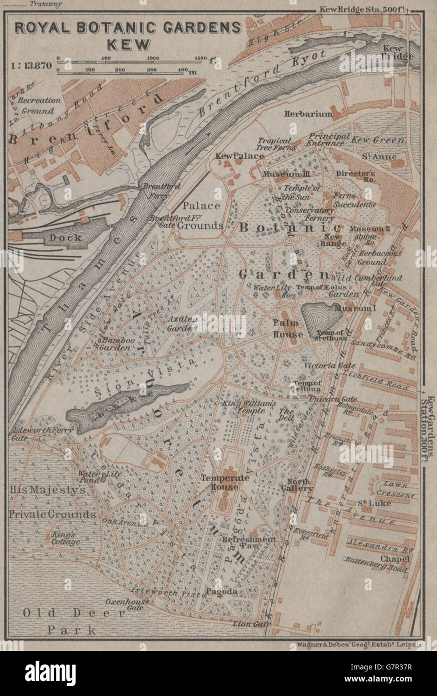 ROYAL BOTANICAL GARDENS KEW ground plan. London. BAEDEKER, 1905 antique map Stock Photo