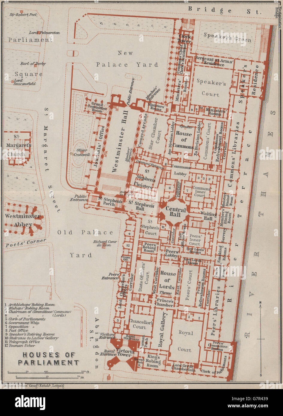 HOUSES OF PARLIAMENT floor plan. Palace of Westminster. London, 1930 old map Stock Photo