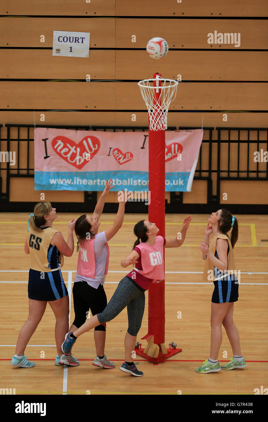 Netball - Netball in the City - Copper Box Arena. General action from a match underway during the Netball in the City event at the Copper Box Arena, London Stock Photo