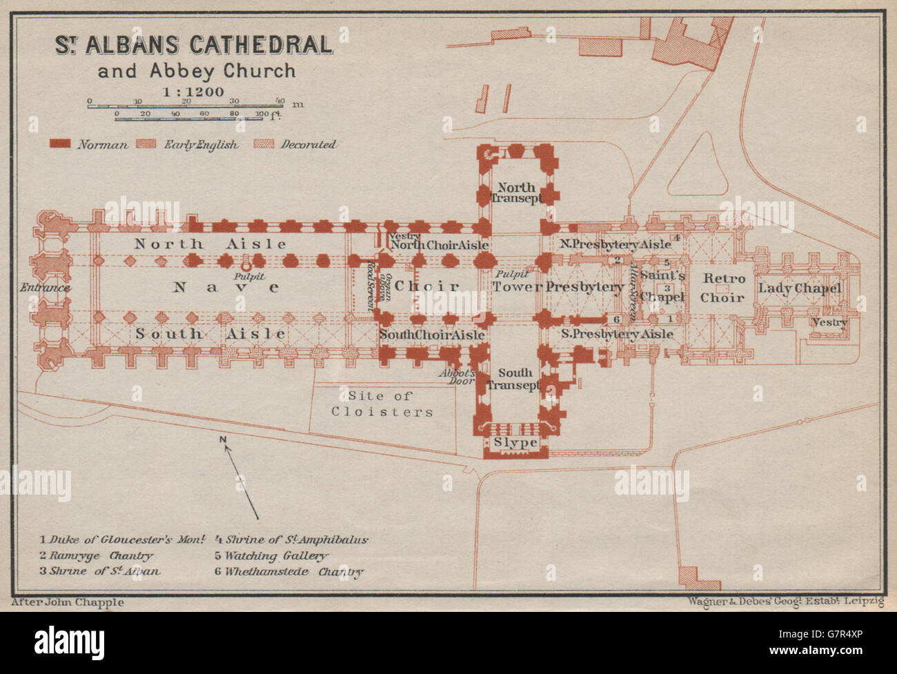 ST. ALBANS CATHEDRAL & ABBEY CHURCH floor plan. Hertfordshire, 1930 old map Stock Photo