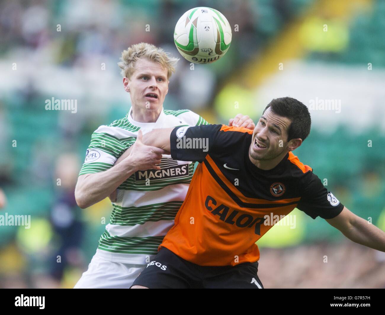 Celtic's Gary Mackay-Steven (left) and Dundee United's Ryan McGowan (right) during the Scottish Championship match at Celtic Park, Glasgow. Stock Photo