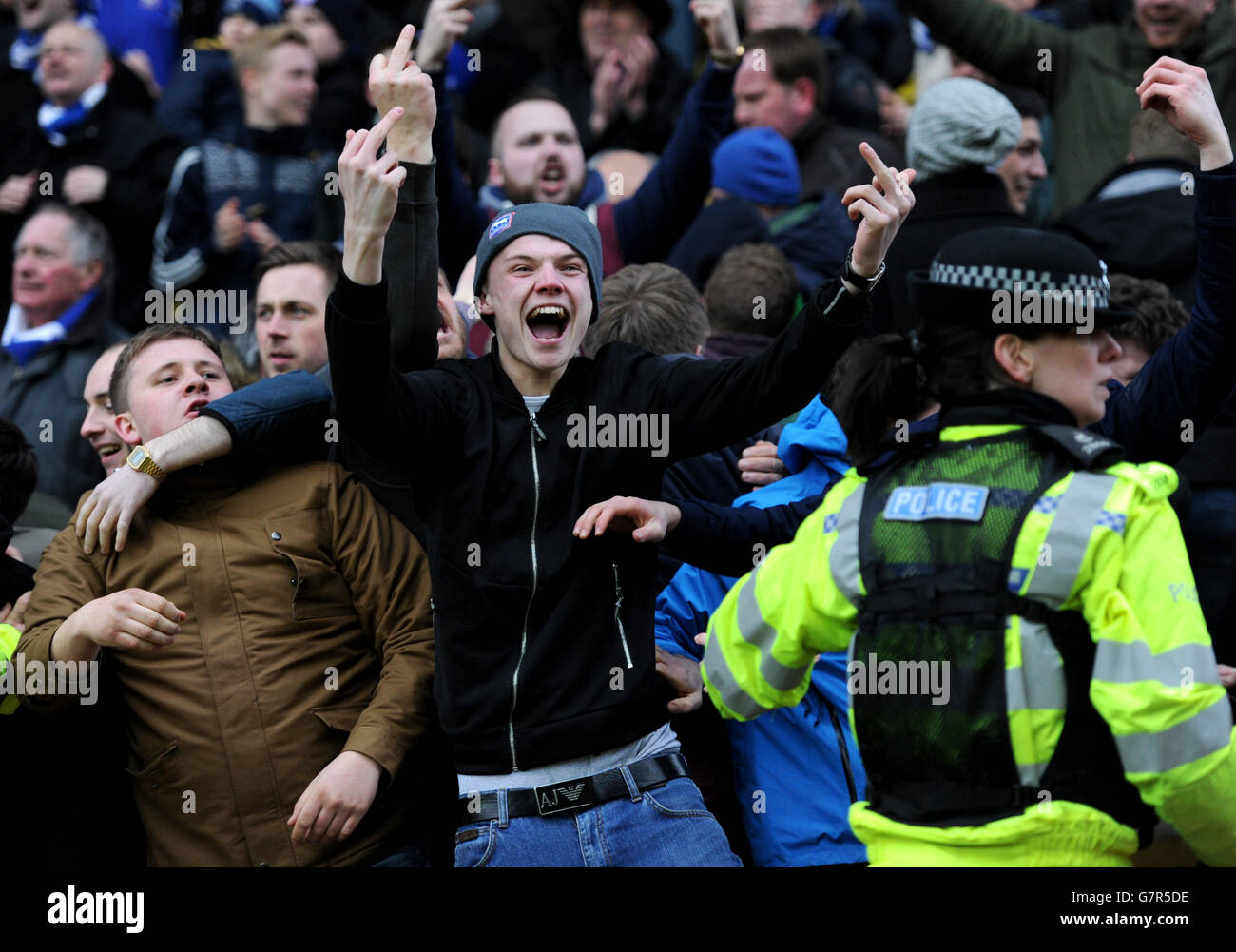 Soccer - Sky Bet Championship - Watford v Ipswich Town - Vicarage Road. Ipswich town fans react after Richard Chaplow scored their teams first goal in the final minutes Stock Photo