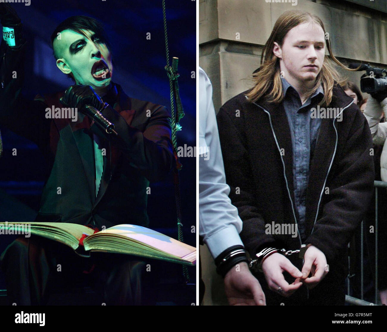 American rock singer Marilyn Manson (left) and Luke Mitchell, the killer of schoolgirl Jodi Jones. Goth rock star Marilyn Manson has dismissed suggestions that his work may have inspired Mitchell to kill Jodi. The schoolgirl's death and her injuries bore similarities to the gruesome 'Black Dahlia' murder of 1940s Hollywood actress Elizabeth Short. Mitchell was a fan of Manson, who produced paintings depicting Short's killing. Stock Photo