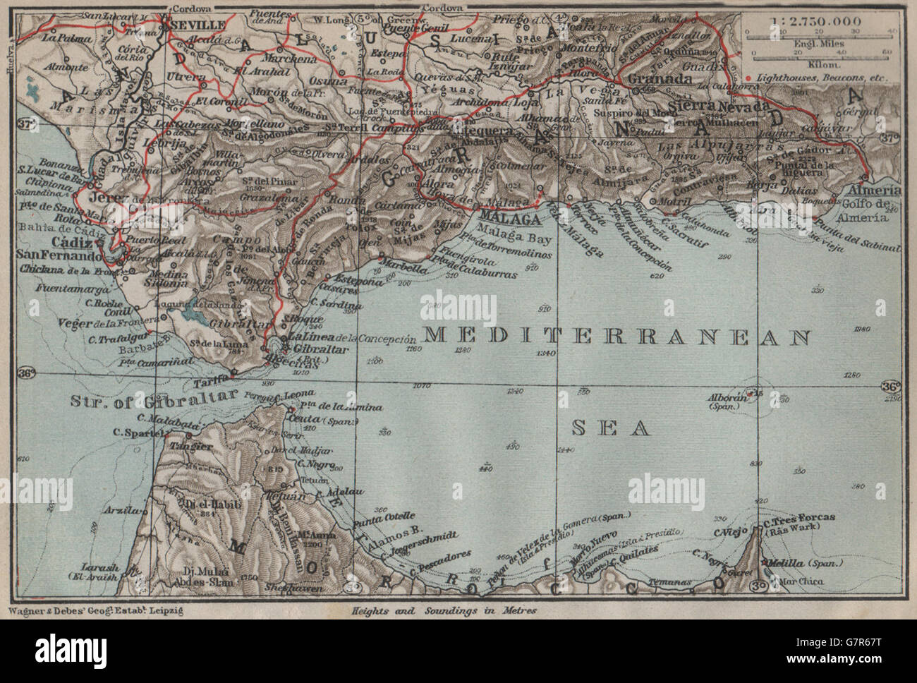 STRAIT OF GIBRALTAR. Andalusia Ceuta Cadiz Pillars of Hercules Spain, 1911 map Stock Photo