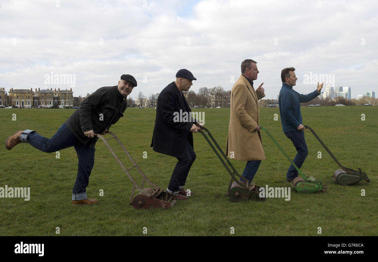 (Left - right) Chris Foreman, Mark Bedford, Graham 'Suggs' McPherson and Daniel Woodgate of Madness on Blackheath Common as the group promote their OnBlackheath Festival headline performance on Sunday September 13. Stock Photo